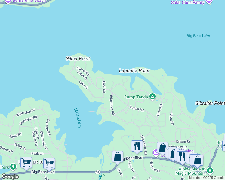 map of restaurants, bars, coffee shops, grocery stores, and more near 39731 Lakeview Drive in Big Bear Lake
