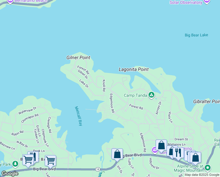 map of restaurants, bars, coffee shops, grocery stores, and more near 39731 Lakeview Drive in Big Bear Lake