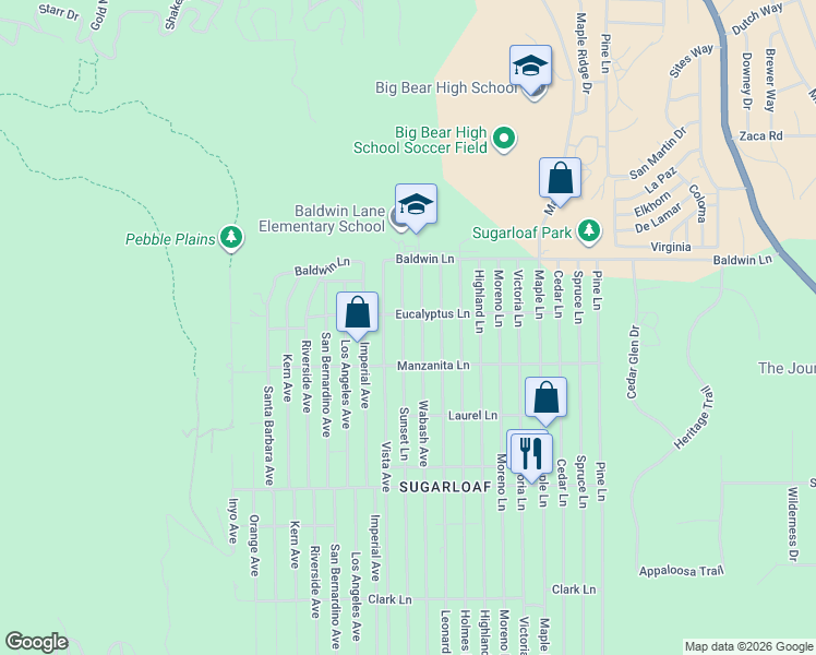 map of restaurants, bars, coffee shops, grocery stores, and more near 225 Sunset Lane in Big Bear