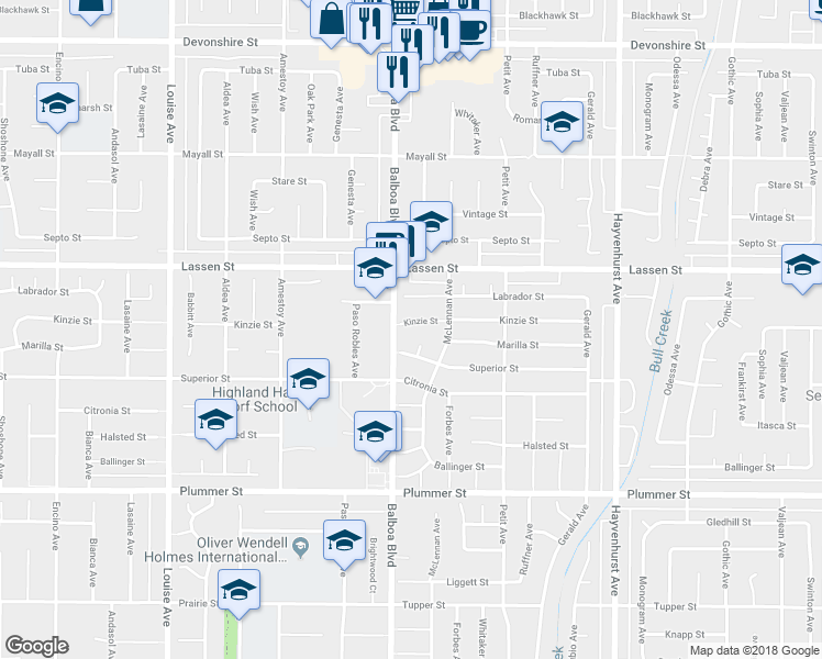 map of restaurants, bars, coffee shops, grocery stores, and more near 16942 Kinzie Street in Los Angeles