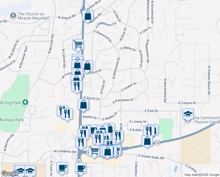 map of restaurants, bars, coffee shops, grocery stores, and more near 400 East Timber Drive in Payson
