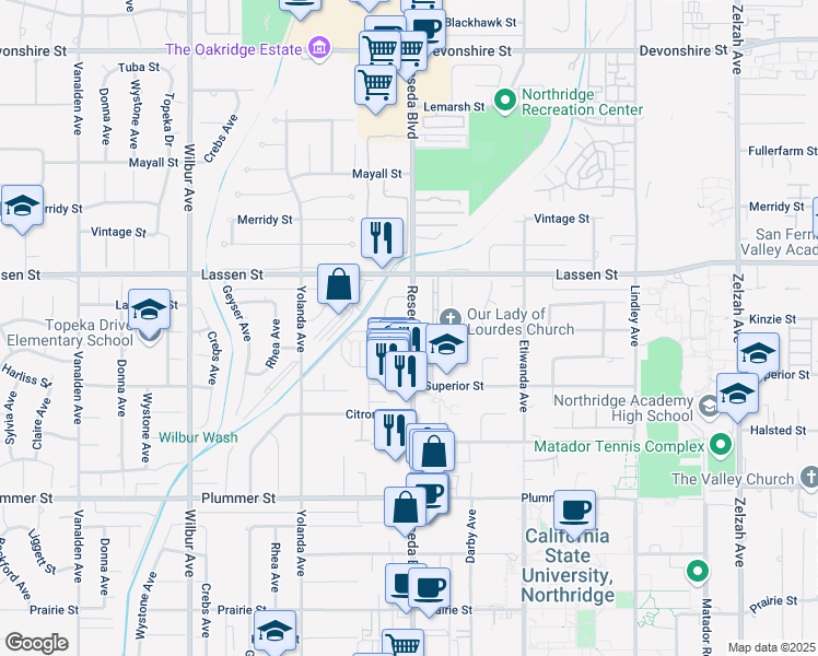 map of restaurants, bars, coffee shops, grocery stores, and more near 9799b Reseda Boulevard in Los Angeles