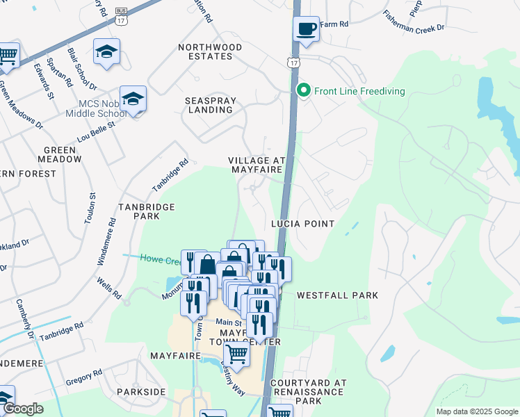 map of restaurants, bars, coffee shops, grocery stores, and more near 636F Village Park Drive in Wilmington