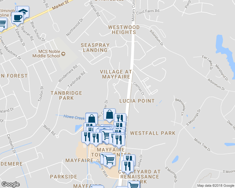 map of restaurants, bars, coffee shops, grocery stores, and more near 636 Village Park Drive in Wilmington