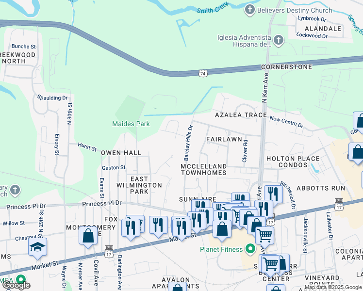 map of restaurants, bars, coffee shops, grocery stores, and more near 420-472 Barclay Hills Dr in Wilmington