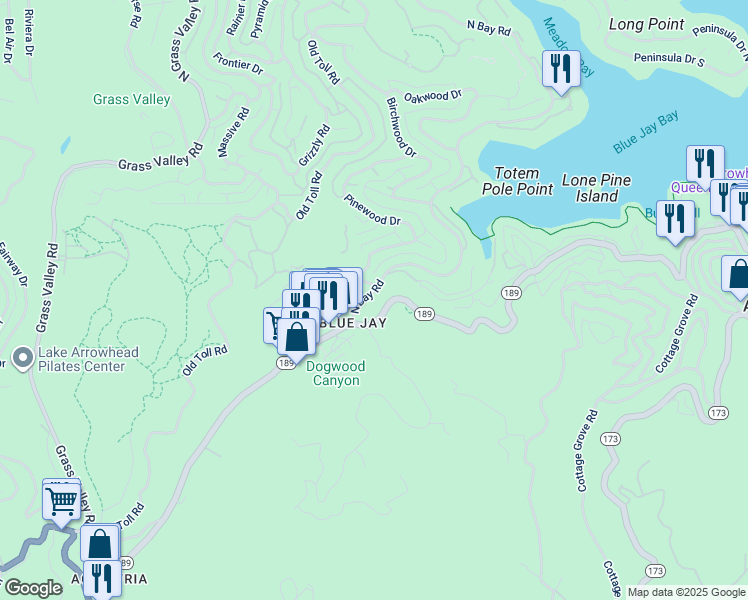 map of restaurants, bars, coffee shops, grocery stores, and more near 27321 North Bay Road in Lake Arrowhead