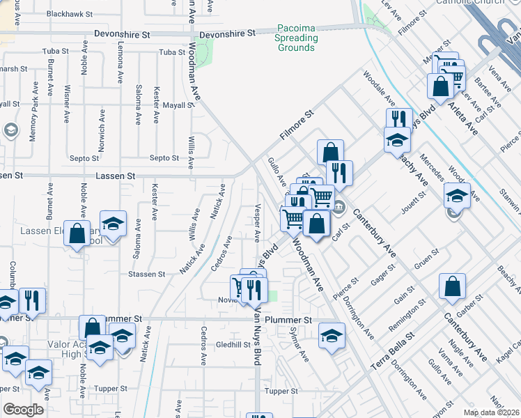 map of restaurants, bars, coffee shops, grocery stores, and more near 9763 Vesper Avenue in Los Angeles