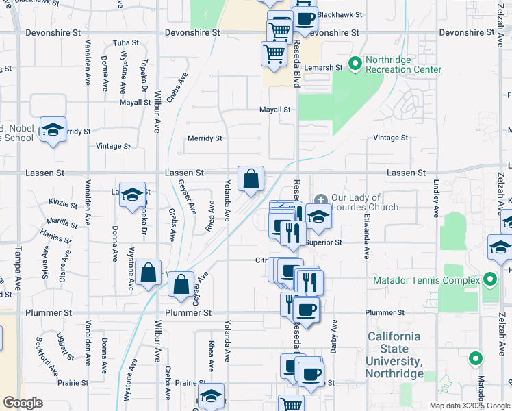 map of restaurants, bars, coffee shops, grocery stores, and more near 18577 Marilla Street in Los Angeles