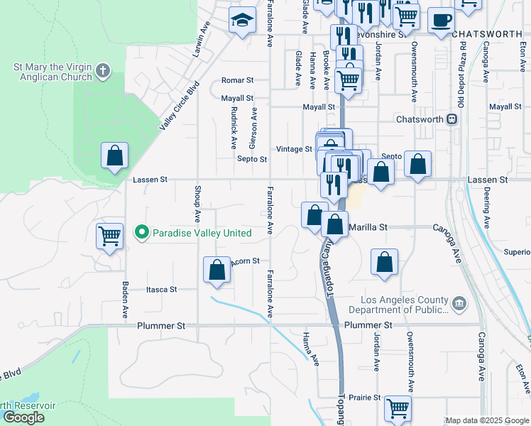 map of restaurants, bars, coffee shops, grocery stores, and more near 9755 Farralone Avenue in Los Angeles