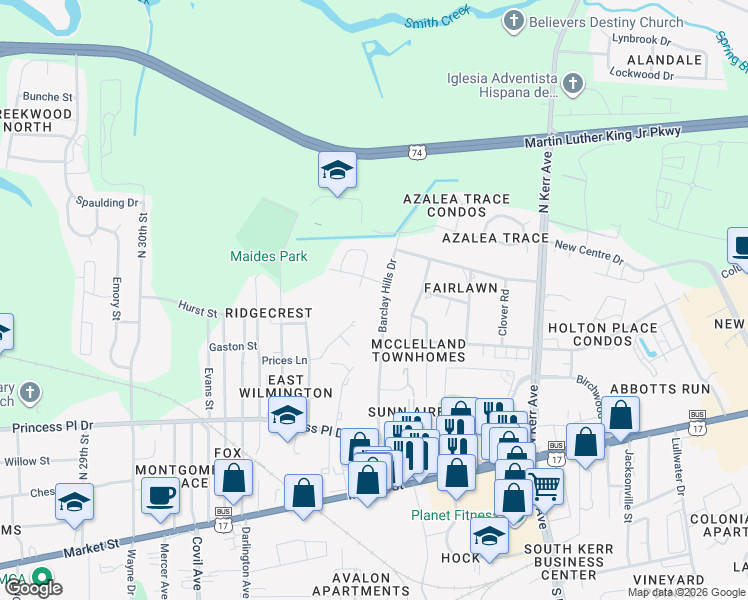 map of restaurants, bars, coffee shops, grocery stores, and more near 420-472 Barclay Hills Dr in Wilmington