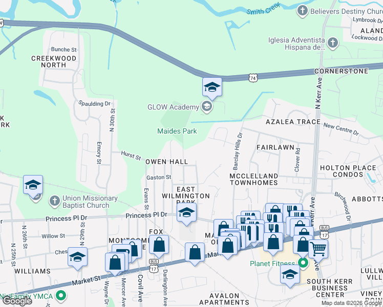 map of restaurants, bars, coffee shops, grocery stores, and more near 598 Mosley Street in Wilmington