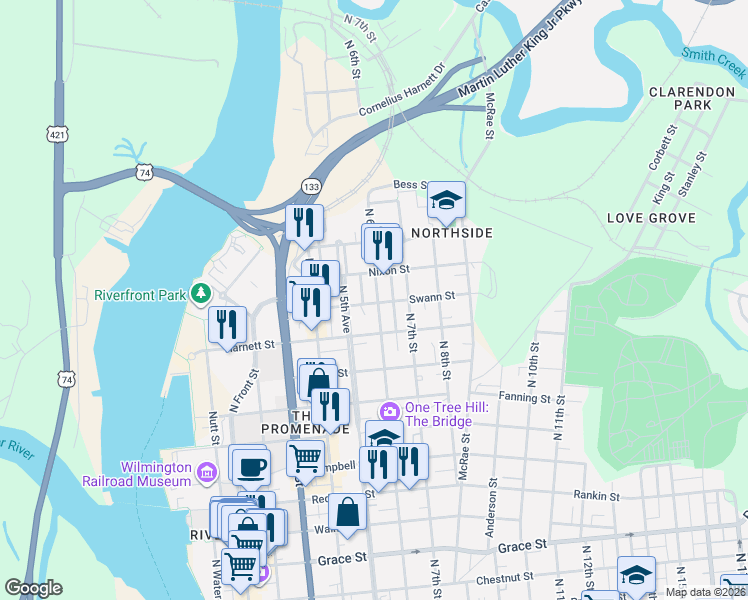 map of restaurants, bars, coffee shops, grocery stores, and more near 1019 Love Alley in Wilmington