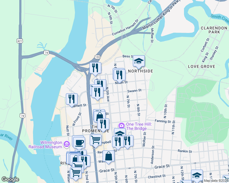 map of restaurants, bars, coffee shops, grocery stores, and more near 1018 North 5th Avenue in Wilmington