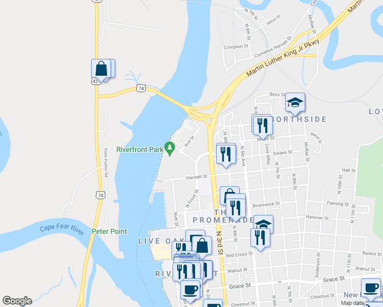 map of restaurants, bars, coffee shops, grocery stores, and more near 1045 North Front Street in Wilmington