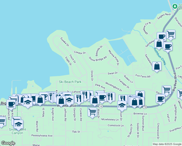 map of restaurants, bars, coffee shops, grocery stores, and more near 234 Oriole Drive in Big Bear Lake