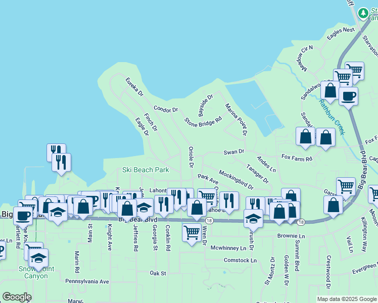 map of restaurants, bars, coffee shops, grocery stores, and more near 234 Oriole Drive in Big Bear Lake
