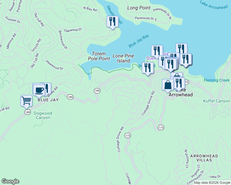 map of restaurants, bars, coffee shops, grocery stores, and more near 314 Castle Gate Road in Lake Arrowhead
