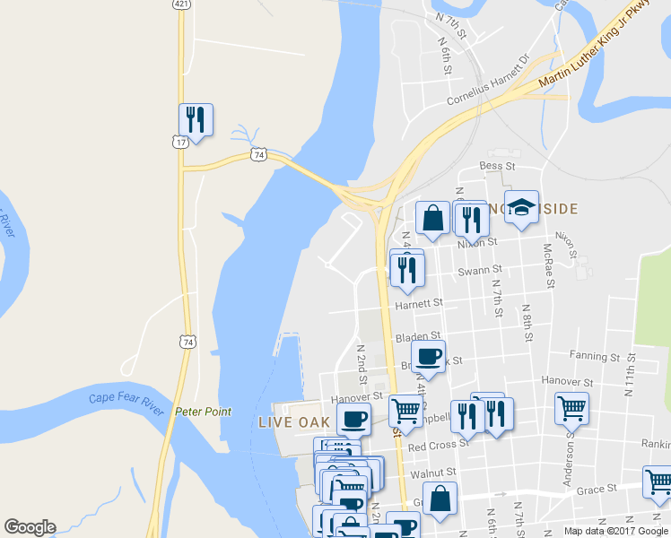 map of restaurants, bars, coffee shops, grocery stores, and more near 100 Cowan Street in Wilmington