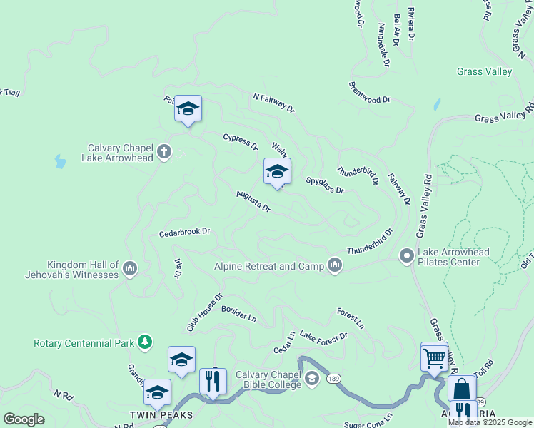 map of restaurants, bars, coffee shops, grocery stores, and more near 26265 Augusta Drive in Lake Arrowhead