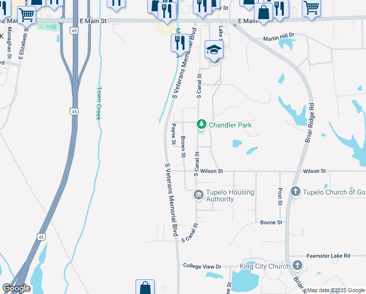 map of restaurants, bars, coffee shops, grocery stores, and more near 500 Brown Street in Tupelo