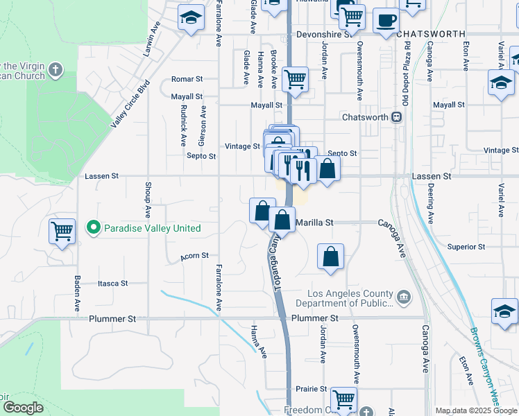 map of restaurants, bars, coffee shops, grocery stores, and more near 22052 Kinzie Street in Los Angeles