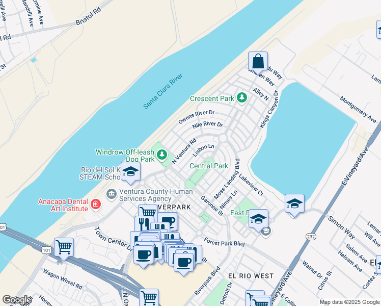 map of restaurants, bars, coffee shops, grocery stores, and more near 3149 Lisbon Lane in Oxnard