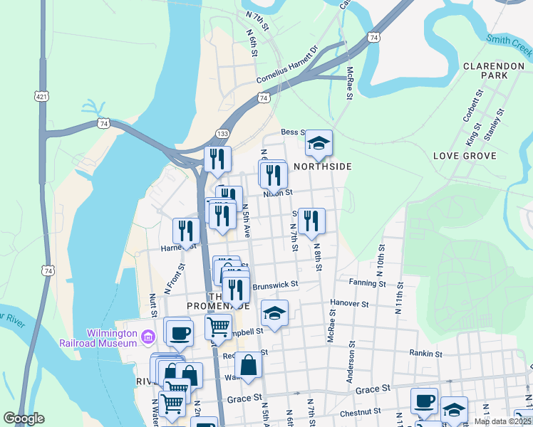 map of restaurants, bars, coffee shops, grocery stores, and more near 521 Swann Street in Wilmington