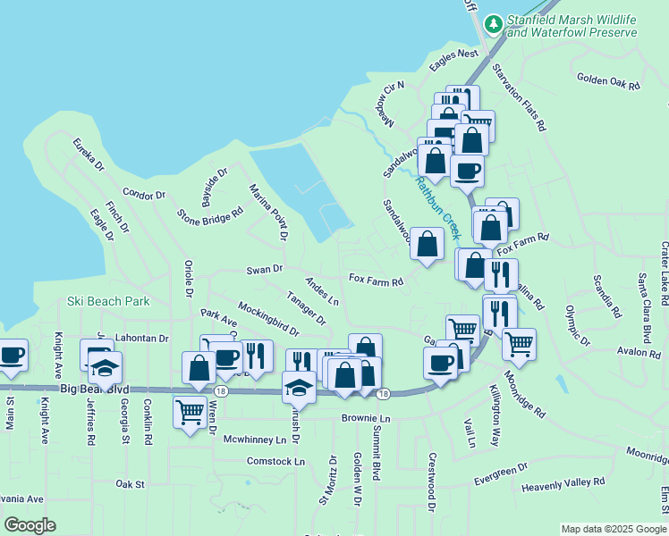 map of restaurants, bars, coffee shops, grocery stores, and more near 41779 Garstin Drive in Big Bear Lake