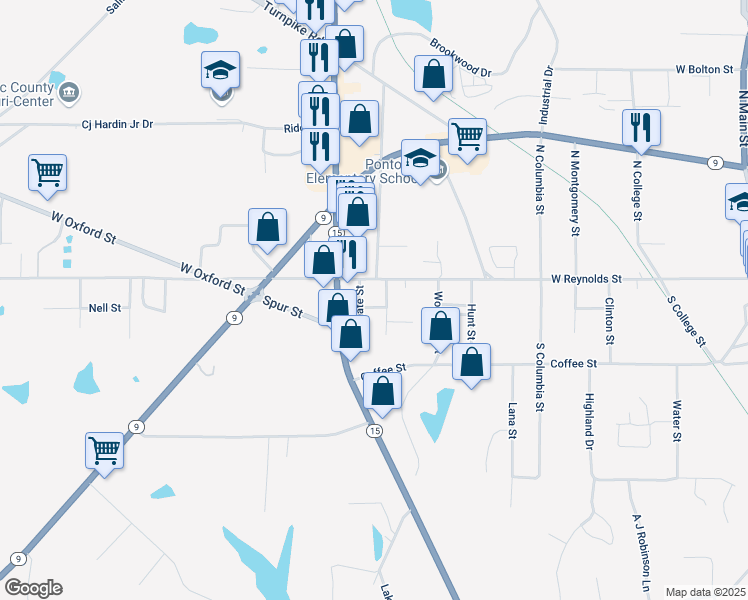 map of restaurants, bars, coffee shops, grocery stores, and more near 305 Earl Street in Pontotoc