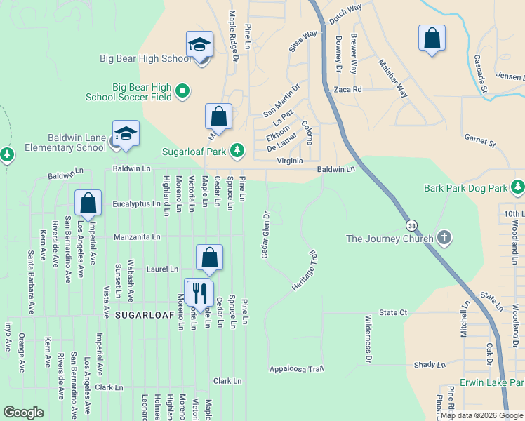map of restaurants, bars, coffee shops, grocery stores, and more near 625 Cedar Glen Drive in Big Bear