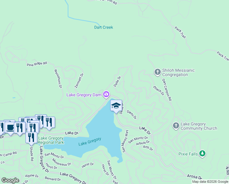 map of restaurants, bars, coffee shops, grocery stores, and more near 24543 Edelweiss Drive in Crestline