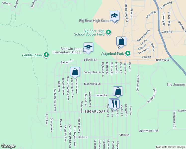 map of restaurants, bars, coffee shops, grocery stores, and more near 216 Leonard Lane in Big Bear