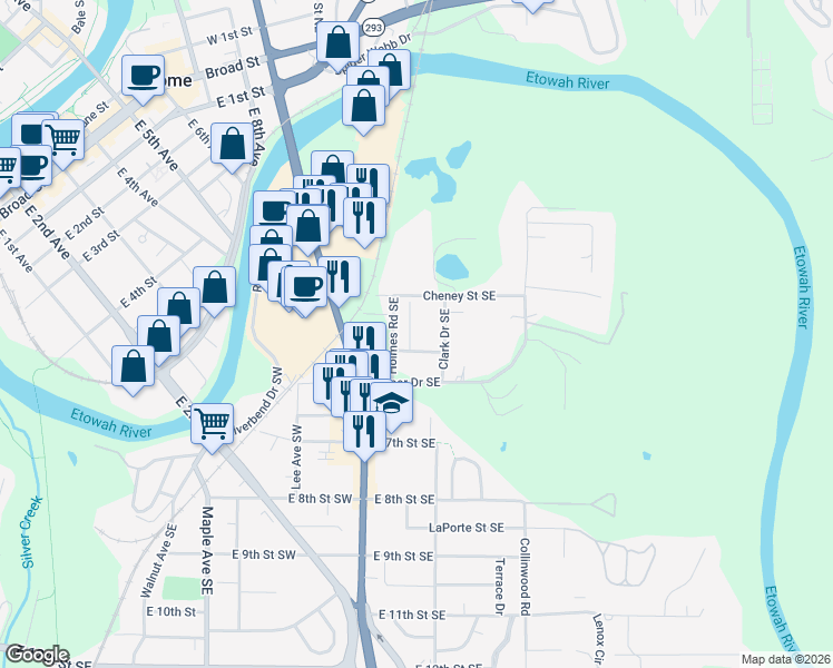 map of restaurants, bars, coffee shops, grocery stores, and more near 314 Roswell Avenue Southeast in Rome