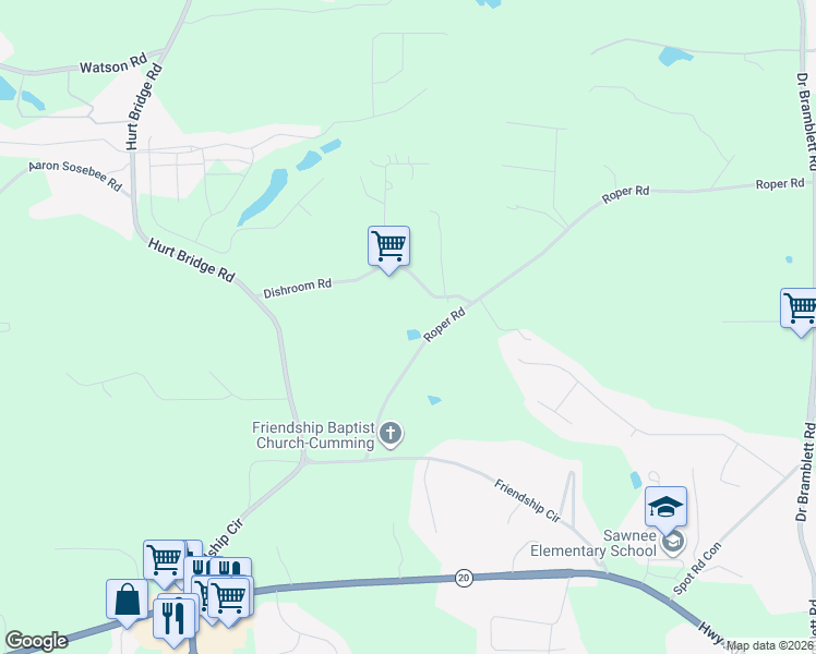map of restaurants, bars, coffee shops, grocery stores, and more near 2770 Roper Road in Cumming