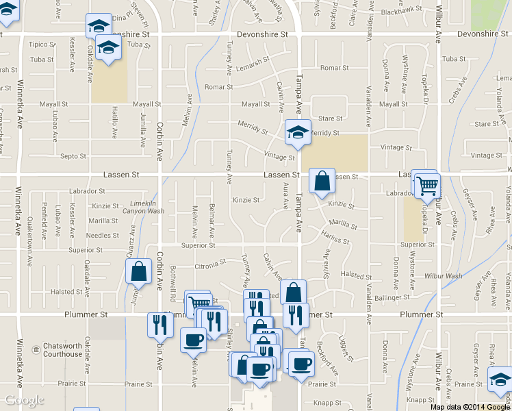 map of restaurants, bars, coffee shops, grocery stores, and more near 19416 Kinzie Street in Los Angeles