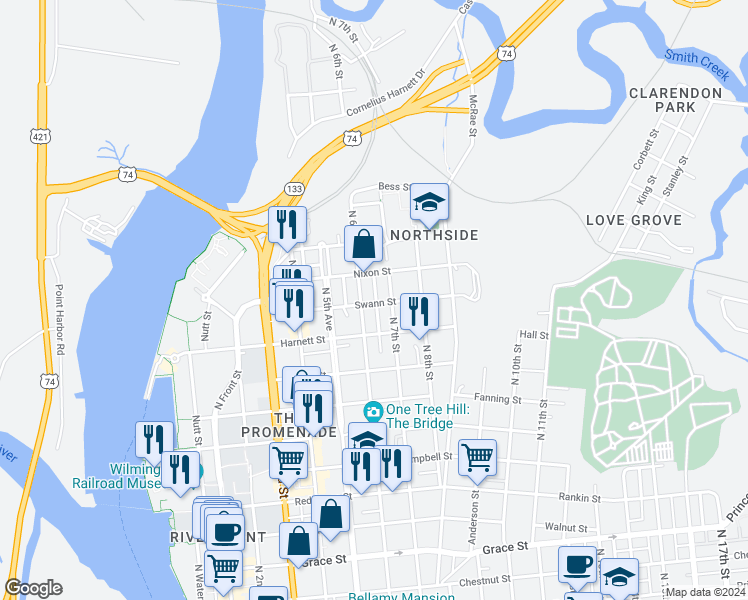 map of restaurants, bars, coffee shops, grocery stores, and more near 609 Swann Street in Wilmington