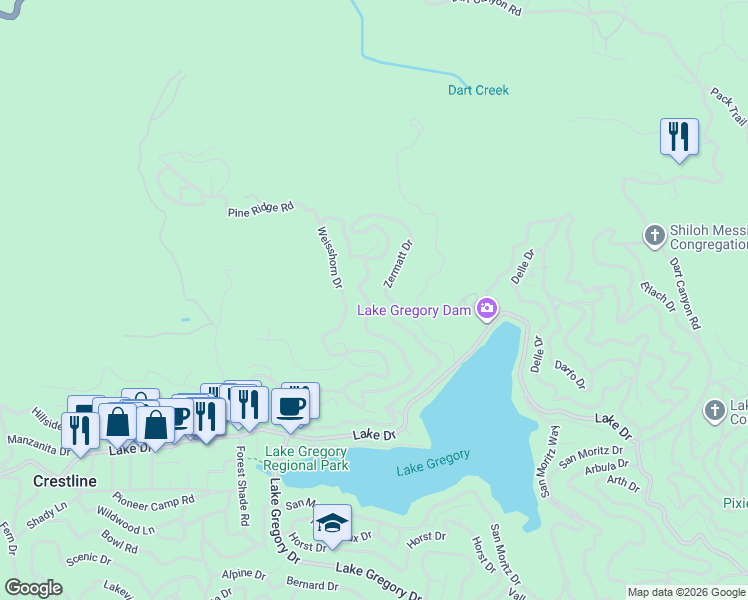 map of restaurants, bars, coffee shops, grocery stores, and more near 300 Wylerhorn Drive in Crestline
