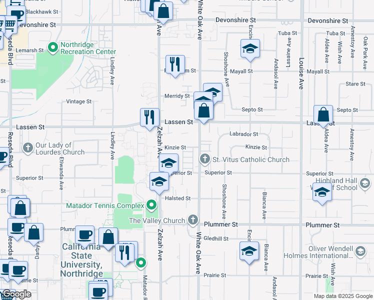map of restaurants, bars, coffee shops, grocery stores, and more near 17806 Kinzie Street in Los Angeles
