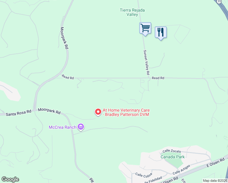 map of restaurants, bars, coffee shops, grocery stores, and more near 4934 Read Road in Moorpark