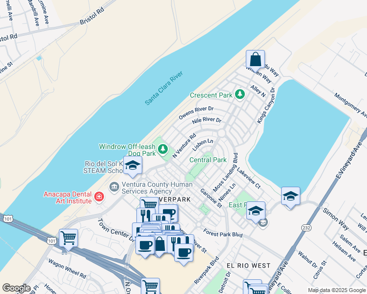 map of restaurants, bars, coffee shops, grocery stores, and more near 3112 North Ventura Road in Oxnard