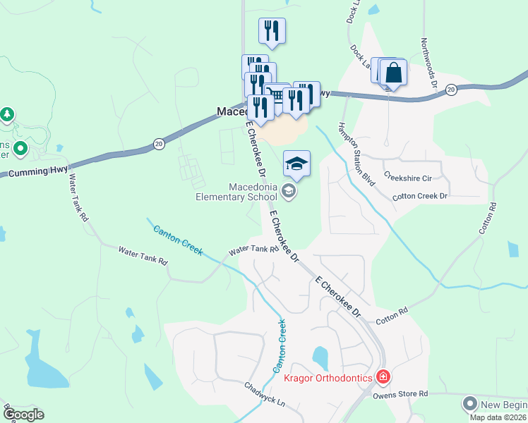 map of restaurants, bars, coffee shops, grocery stores, and more near 10345 East Cherokee Drive in Canton