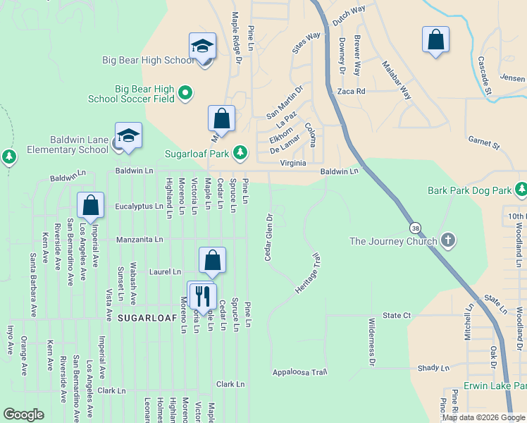 map of restaurants, bars, coffee shops, grocery stores, and more near 625 Cedar Glen Drive in Big Bear