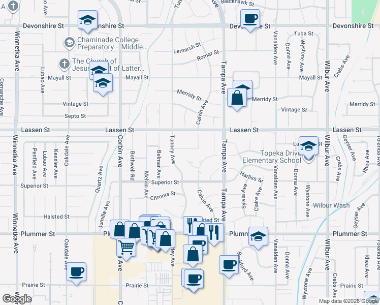 map of restaurants, bars, coffee shops, grocery stores, and more near 19416 Kinzie Street in Los Angeles