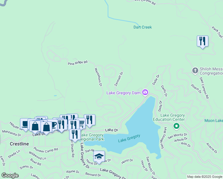 map of restaurants, bars, coffee shops, grocery stores, and more near 267 Wylerhorn Drive in Crestline