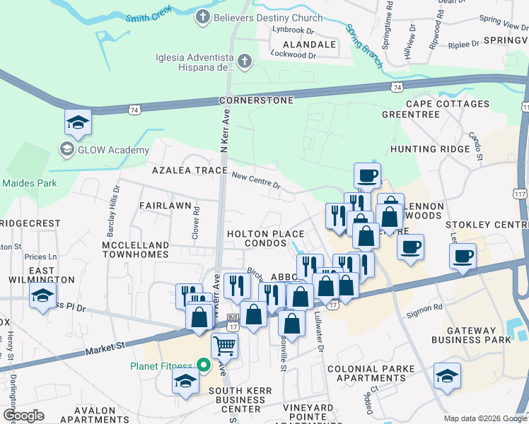 map of restaurants, bars, coffee shops, grocery stores, and more near 4611 McClelland Drive in Wilmington