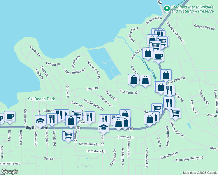 map of restaurants, bars, coffee shops, grocery stores, and more near 216 Alp Court in Big Bear Lake