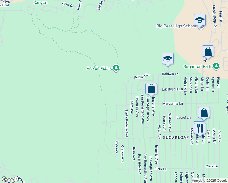map of restaurants, bars, coffee shops, grocery stores, and more near 210 Dixie Lee Lane in Big Bear