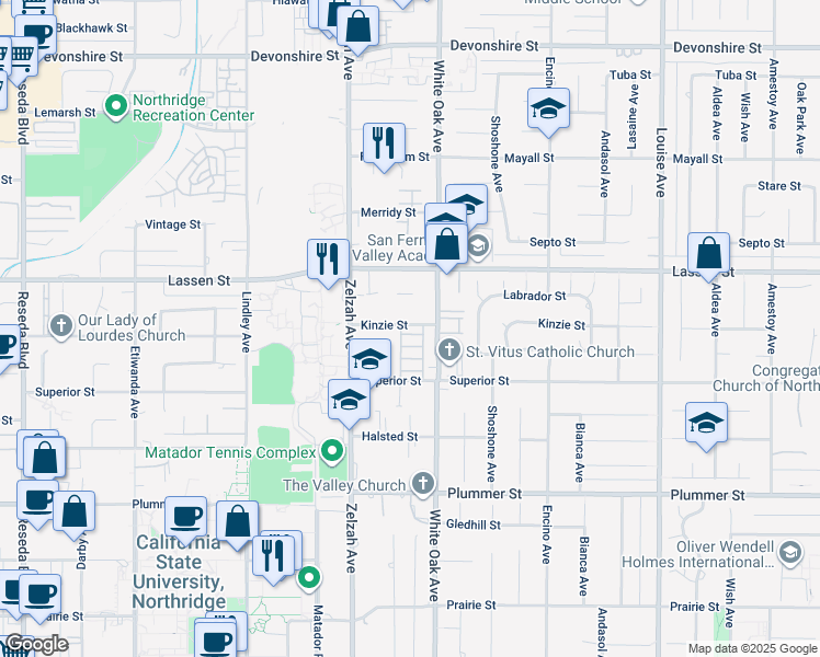 map of restaurants, bars, coffee shops, grocery stores, and more near 17806 Kinzie Street in Los Angeles