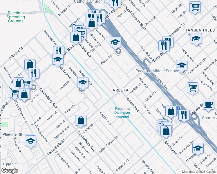 map of restaurants, bars, coffee shops, grocery stores, and more near 9796 Stanwin Avenue in Los Angeles