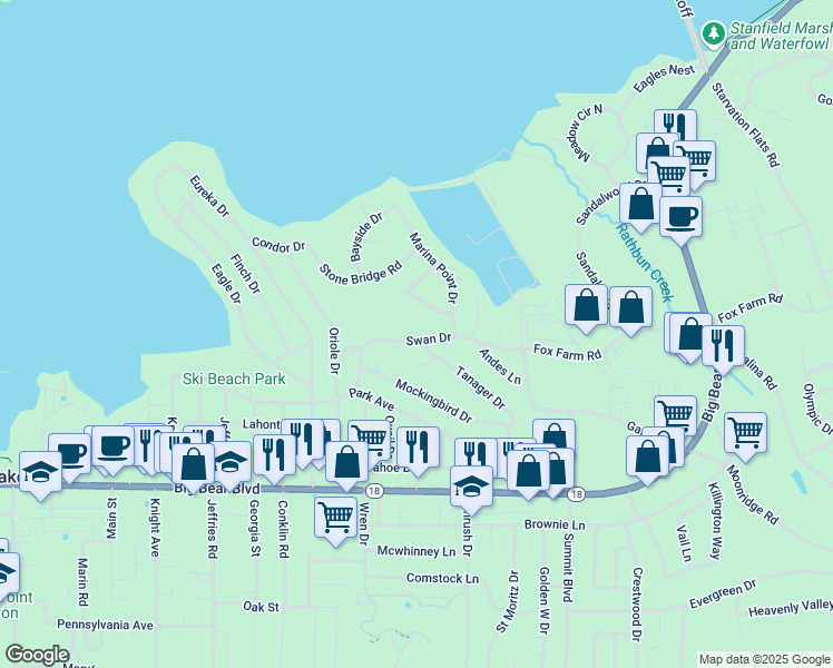 map of restaurants, bars, coffee shops, grocery stores, and more near 41583 Swan Drive in Big Bear Lake